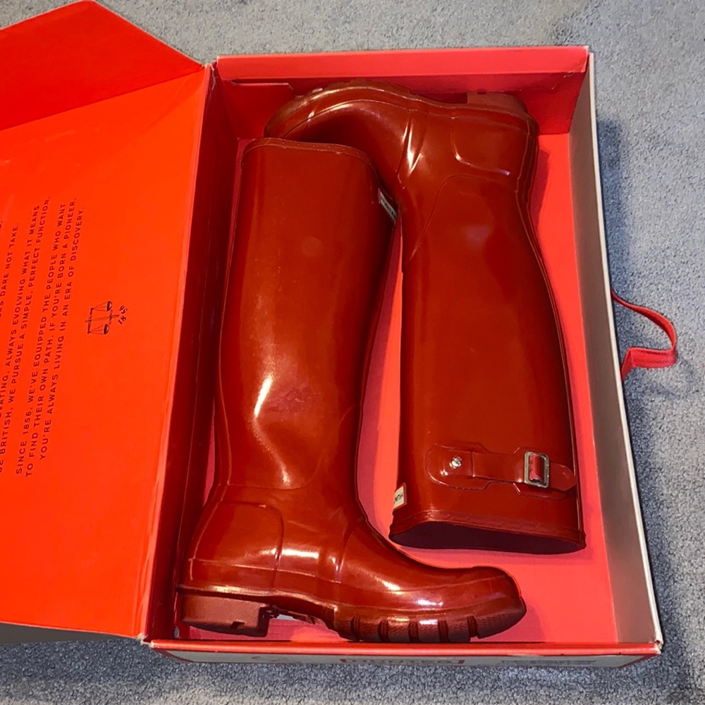 Red tall gloss hunter boots